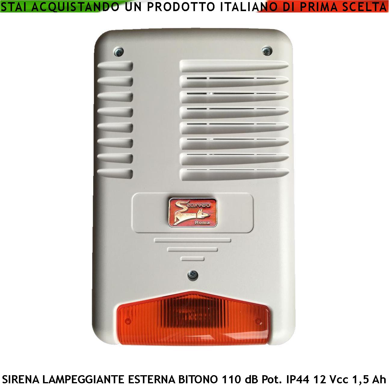 foto del prodotto sirena con lampeggiante a led da esterno frequenza a/b 1724/2475 hz melodia bitono 110db comando allarme caduta +/- alimentazione 12 v segnale stato impianto antifurto può contenere batterie 12 v 2 ah
