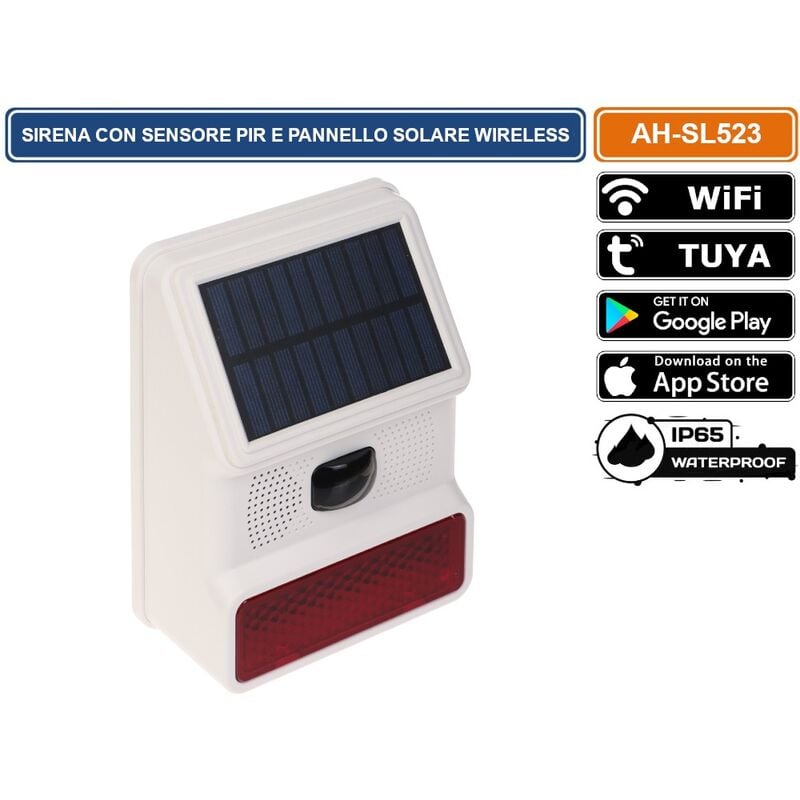 foto del prodotto sirena da esterno wireless con sensore pir e pannello solare per sistema di allarme atlo az wg13a tuya