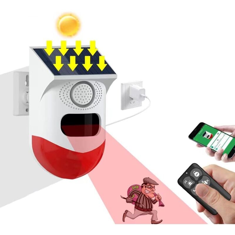 foto del prodotto sirena di allarme stroboscopica solare sirena di allarme esterna con telecomando e sensore di movimento sirena di sicurezza con suono da 120 db ip67