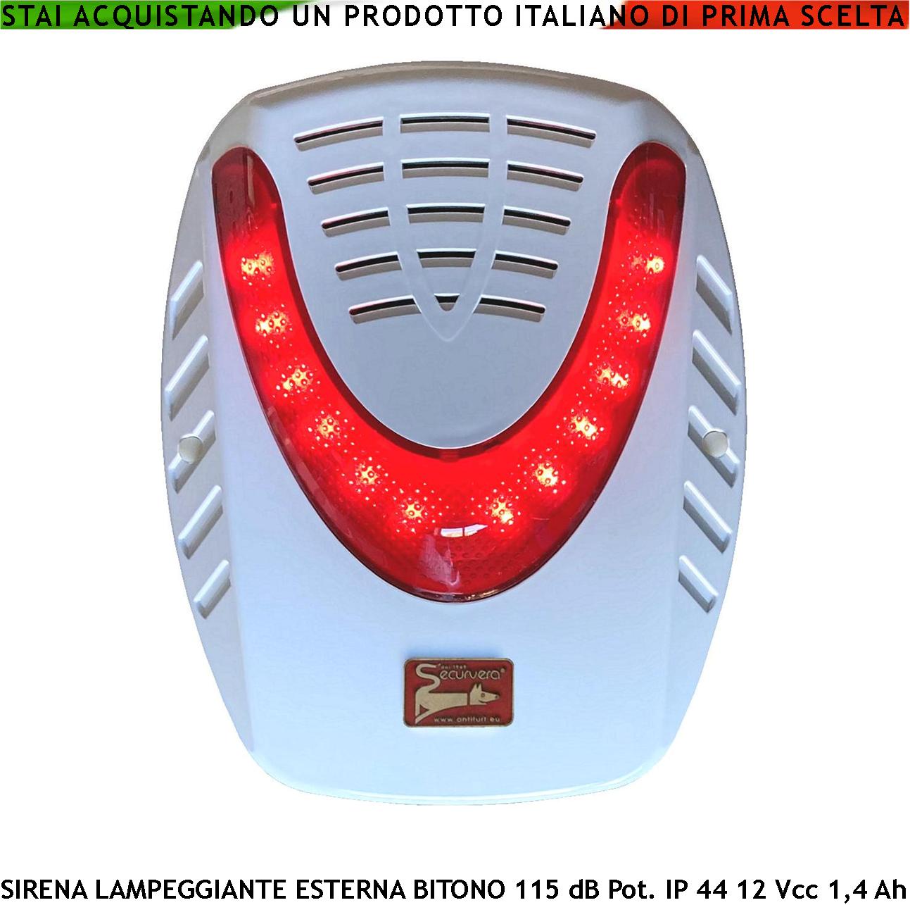 foto del prodotto sirena esterna lampeggiante a led per antifurto melodia binota frequenza a b 1724 2475 hz 115 db comando di allarme caduta polarità alimentazione 12 v segnale stato impianto antifurto escluso batteria