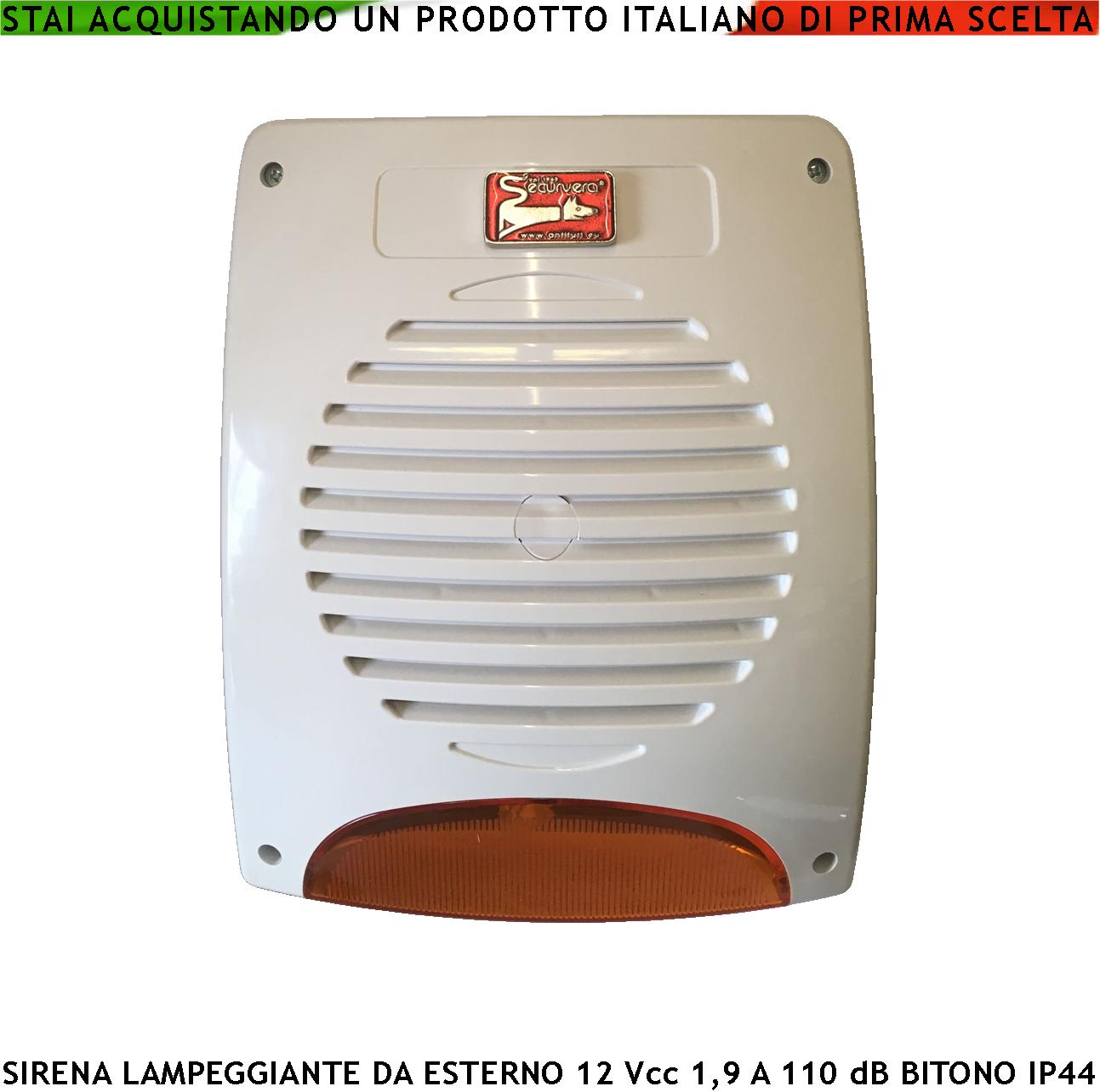 foto del prodotto sirena lampeggiante a led da esterno per antifurto melodia bitono frequenza a b 1724 2475 hz 110 db alimentazione 12 vcc assorbimento 1,9 ah batteria esclusa comando allarme caduta polarità led stato