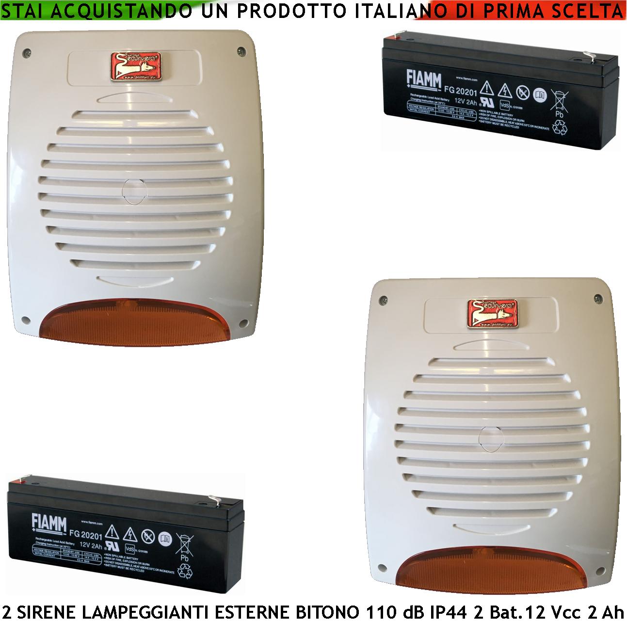 foto del prodotto sirene lampeggianti a led esterne 2 pezzi tromba magnetodinamica melodia bitono 110 db alimentazione 12 v assorb. 1,9 ah frequenza a b 1724 2475 hz 2 batterie 12 v 2 ah comando allarme caduta polarità