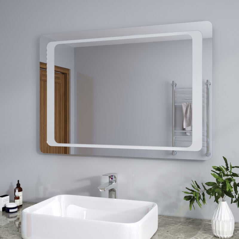 foto del prodotto sirhona 100x70 cm specchio da bagno led specchio bagno illuminato con interruttore a infrarossi e anti appannamento specchio da parete moderno