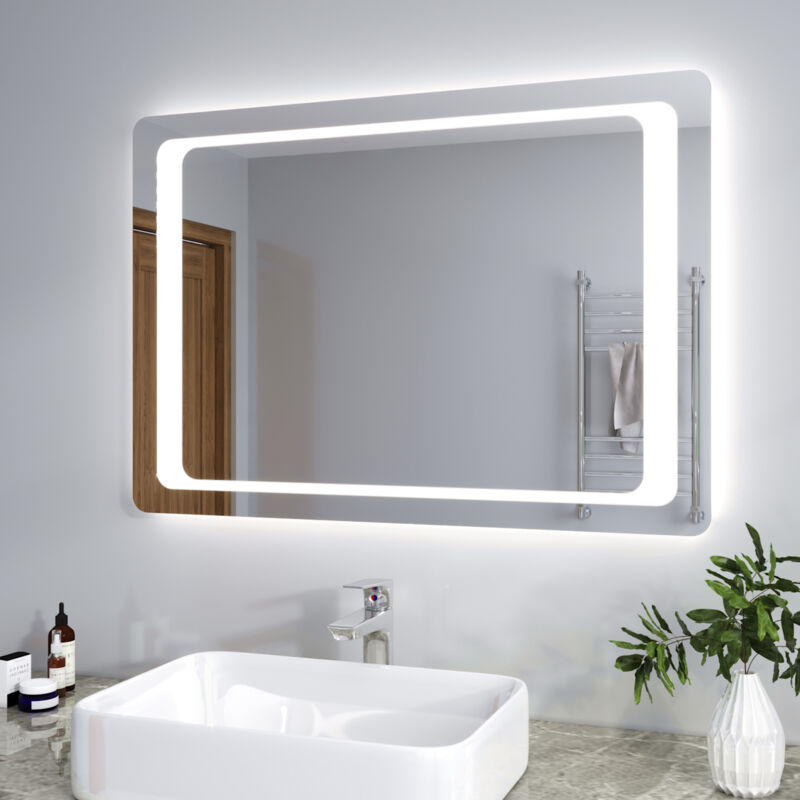 foto del prodotto sirhona 100x70 cm specchio da bagno led specchio bagno illuminato con interruttore a infrarossi e anti appannamento specchio da parete moderno