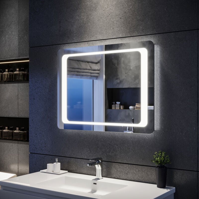 foto del prodotto sirhona 80x 60cm specchio da bagno led specchio bagno illuminato con interruttore a infrarossi e anti appannamento, specchio da parete moderno