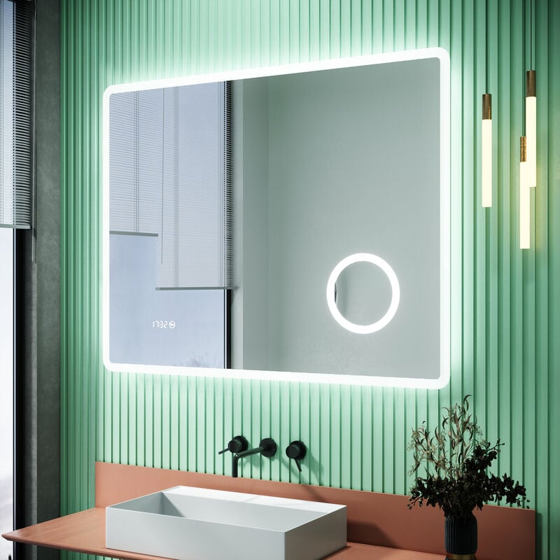 foto del prodotto sirhona 90 x 70 cm specchio da parete per specchio da bagno antiappannamento con interruttore tattile e presa per rasoio, specchio da parete