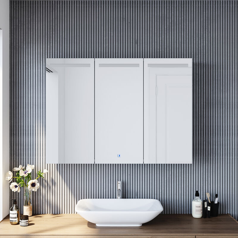 foto del prodotto sirhona armadio a specchio led con illuminazione specchio da bagno interruttore a sfioramento acciaio inox 90x65cm cerniera wireless design