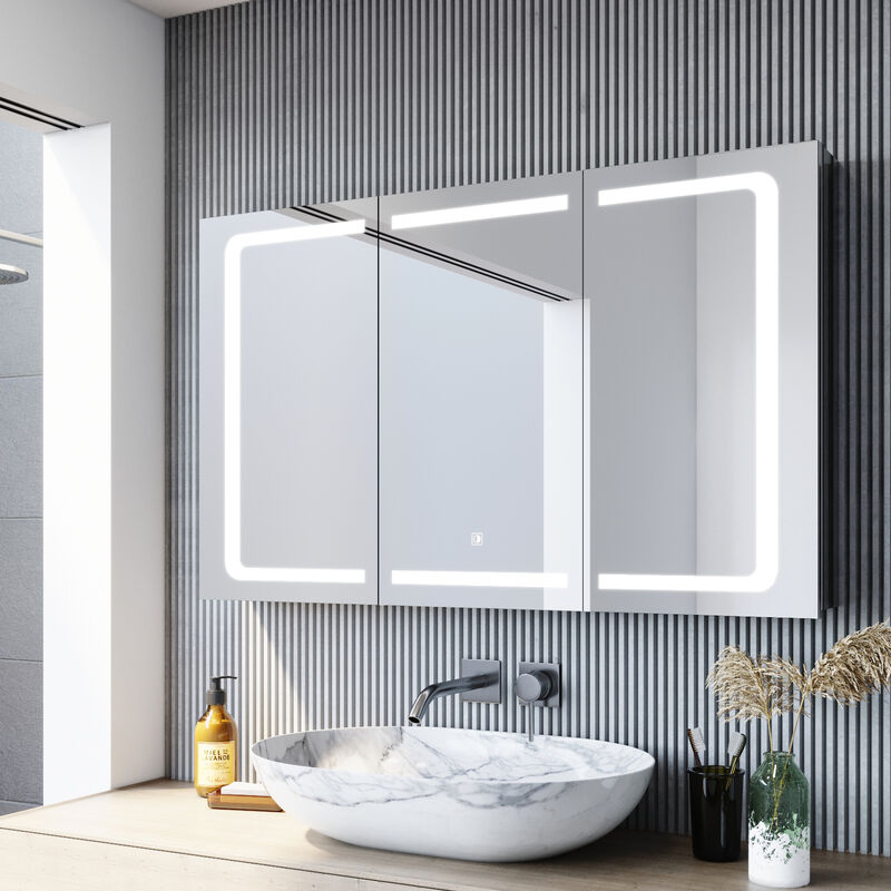 foto del prodotto sirhona armadio a specchio led in acciaio inox con illuminazione con presa a sfioramento armadio da bagno specchio da bagno 105x65x13,3 cm