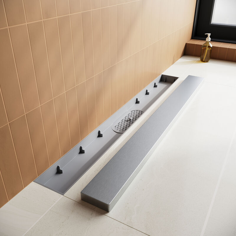foto del prodotto sirhona canaletta di scolo per doccia in acciaio inox canalina doccia con filtro per capelli drenaggio rapido design del pannello 2 in 1 risparmio