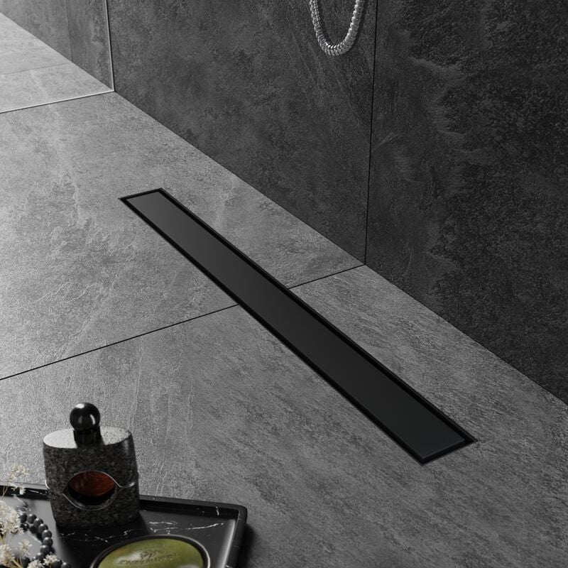 foto del prodotto sirhona canaletta doccia in piastrelle nere italiane da 70 cm,scarico per pavimento doccia 2 in 1 in acciaio inox