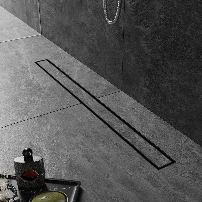 foto del prodotto sirhona canaletta doccia in piastrelle nere italiane da 90 cm, scarico per pavimento doccia in acciaio inox modello 2 in 1