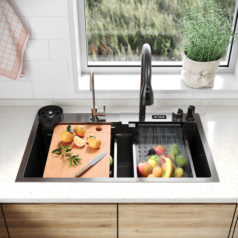 foto del prodotto sirhona lavello da cucina da incasso a vasca singola in acciaio inox 75x45x23 cm con rubinetto estraibile a 360 rondella a tazza con indicazione