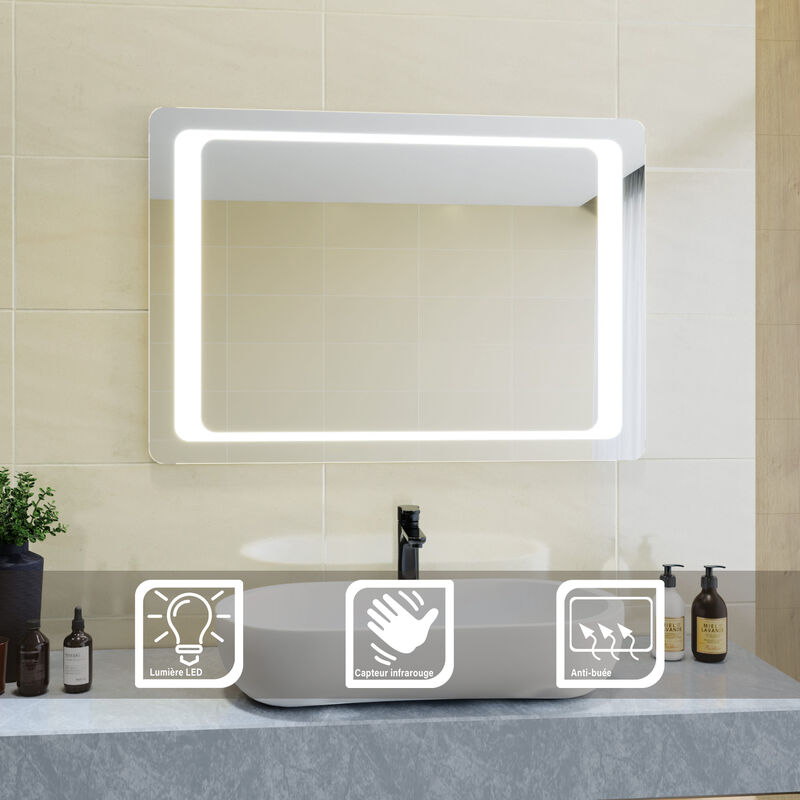 foto del prodotto sirhona specchio da bagno a led da muro 100x70cm specchio parete con interruttore a infrarossi e anti appannamento specchio da parete moderno