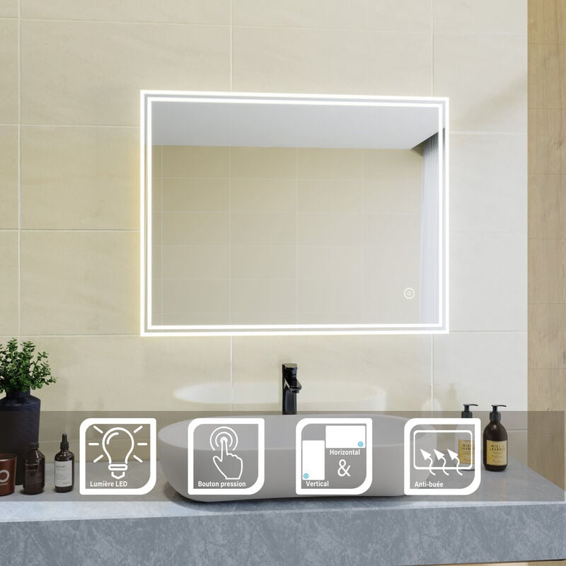foto del prodotto sirhona specchio da bagno a led da muro 70x90cm specchio parete con interruttore touch specchio da parete moderno rettangolo impermeabile ip44