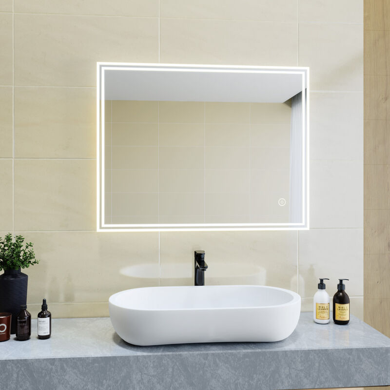 foto del prodotto sirhona specchio da bagno a led da muro, 70x90cm specchio parete, con interruttore touch, specchio da parete moderno rettangolo impermeabile ip44