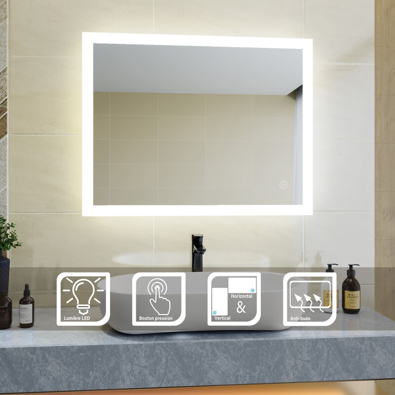 foto del prodotto sirhona specchio da bagno a led da muro 90x70cm specchio parete con interruttore touch e anti appannamento specchio da parete moderno rettangolo