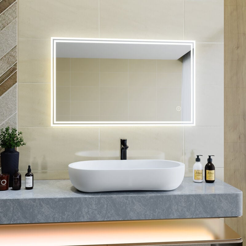 foto del prodotto sirhona specchio da bagno a led da muro specchio parete, con interruttore touch e anti appannamento specchio da parete moderno rettangolo