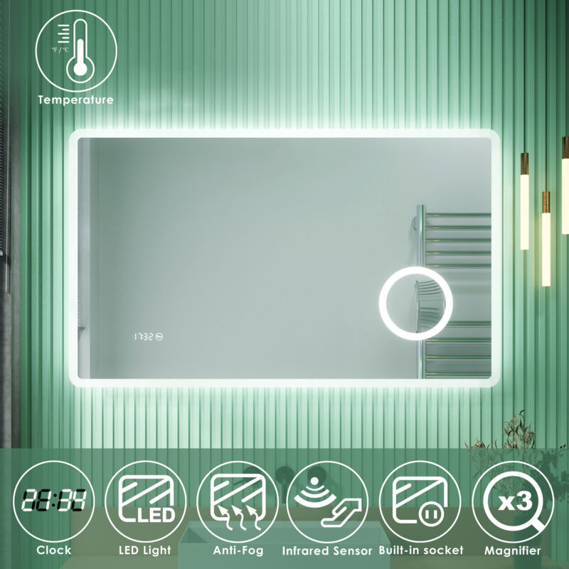 foto del prodotto sirhona specchio da bagno antiappannamento con led 100 x 60 cm visualizzazione dell orologio, specchio parete con interruttore touch moderno