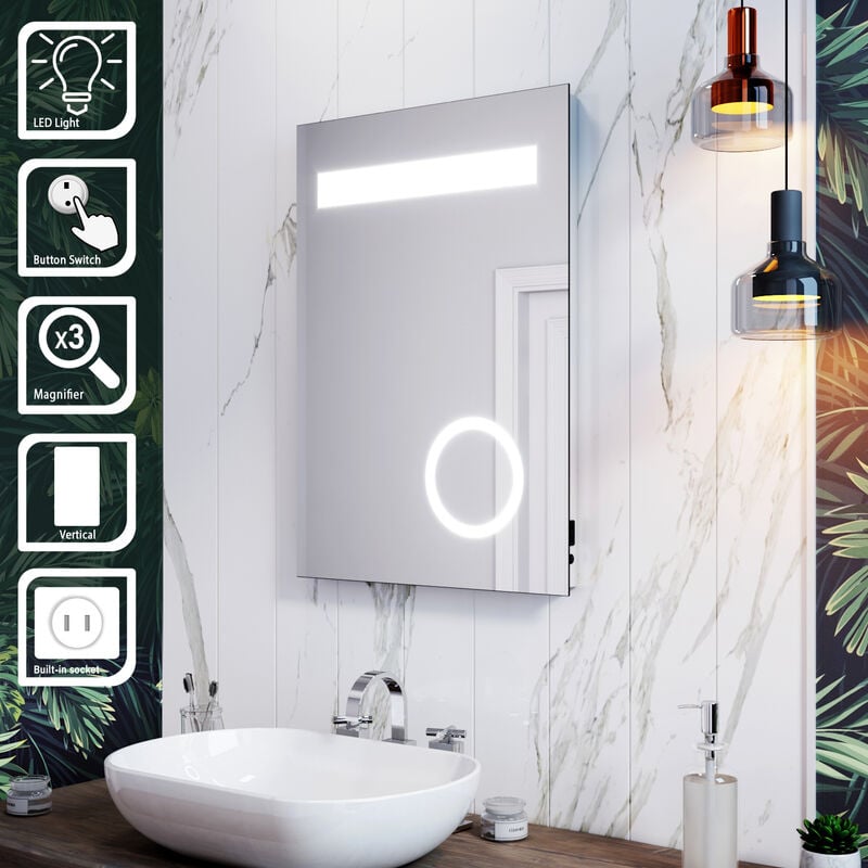 foto del prodotto sirhona specchio da bagno illuminato a led 50 x 70 cm specchio interruttore da parete da bagno con lente d ingrandimento 3x e presa per rasoio