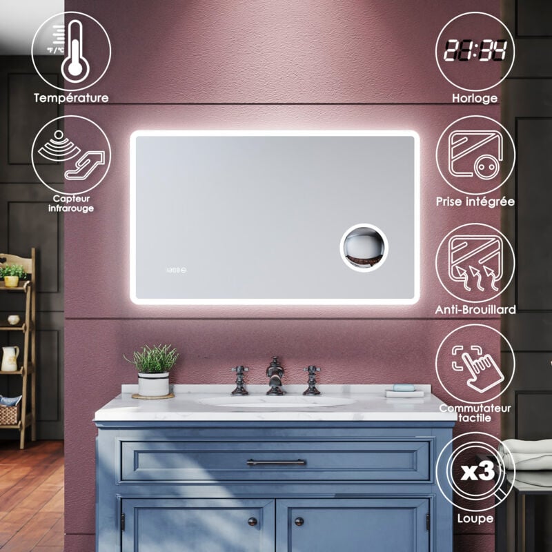 foto del prodotto sirhona specchio da bagno illuminato, specchio antiappannamento a led da parete con ingrandimento 3x e presa di corrente 100x60 cm
