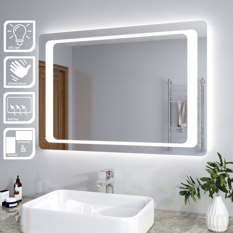 foto del prodotto sirhona specchio da bagno led, specchio bagno illuminato 100 x 70 cm, con interruttore a infrarossi e anti appannamento, specchio da parete moderno