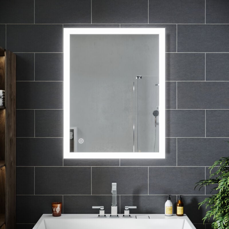 foto del prodotto sirhona specchio da parete quadrato a led per bagno, luce bianca fredda con interruttore touch, specchio per il trucco da bagno 90x70 cm