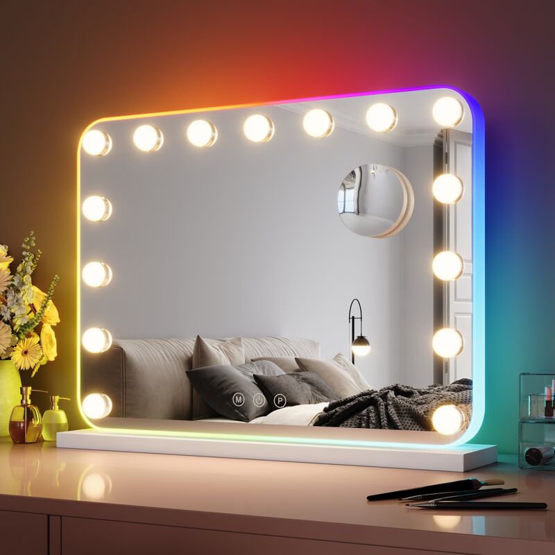 foto del prodotto sirhona specchio make up con striscia cromatica rgb, lente d ingrandimento 10x, luce a 3 colori regolabile 58 46 cm