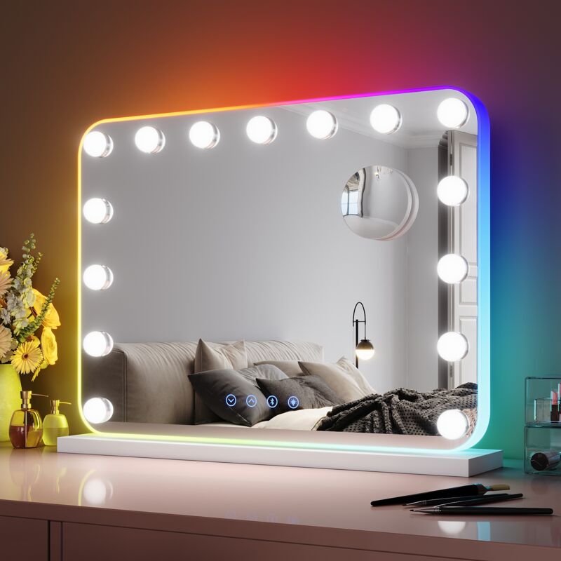 foto del prodotto sirhona specchio make up specchio cosmetico con striscia luminosa colorata rgb, funzione bluetooth, lente d ingrandimento 10x, luce regolabile a 3