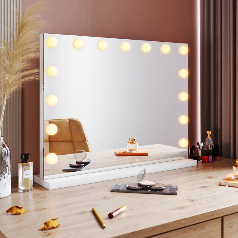 foto del prodotto sirhona specchio per il trucco con led illuminato 15 lampadine e tocco 3 colori regolabili, luci specchio hollywood vanity mirror 58x45.5x12 cm