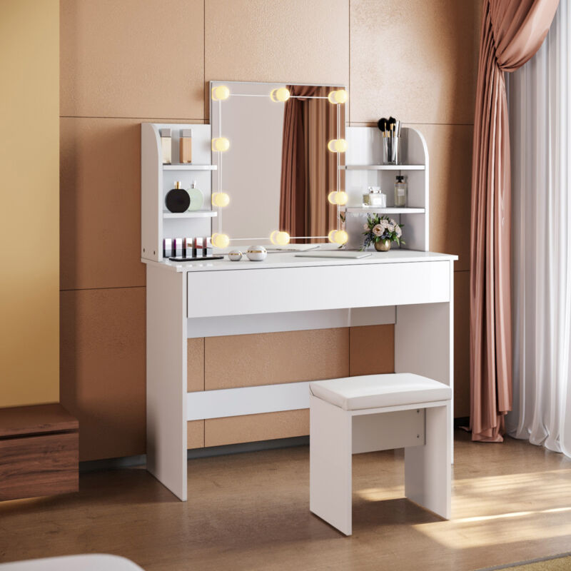 foto del prodotto sirhona tavolo per cosmetici 108x40x140cm, vanity toeletta con morbido sgaballo, con mensola e organizer, moderno mobile da trucco bianca