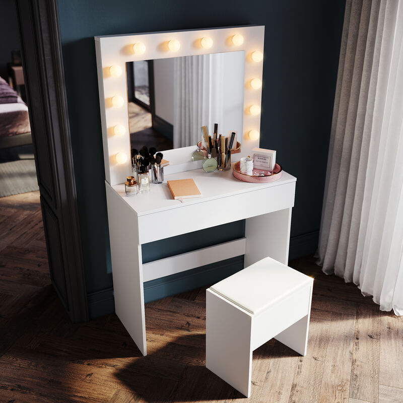foto del prodotto sirhona toeletta con specchio e lampadine 3 modalit di illuminazione con 1 cassetto e sgabello tavolo da trucco stile moderno bianco 80 x 40 x 140cm