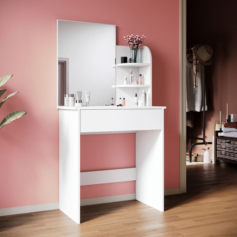 foto del prodotto sirhona toeletta con specchio tavolo da trucco con 1 cassetto e 2 ripiani portaoggetti postazione trucco moderno mobile da trucco bianca 70 x 40