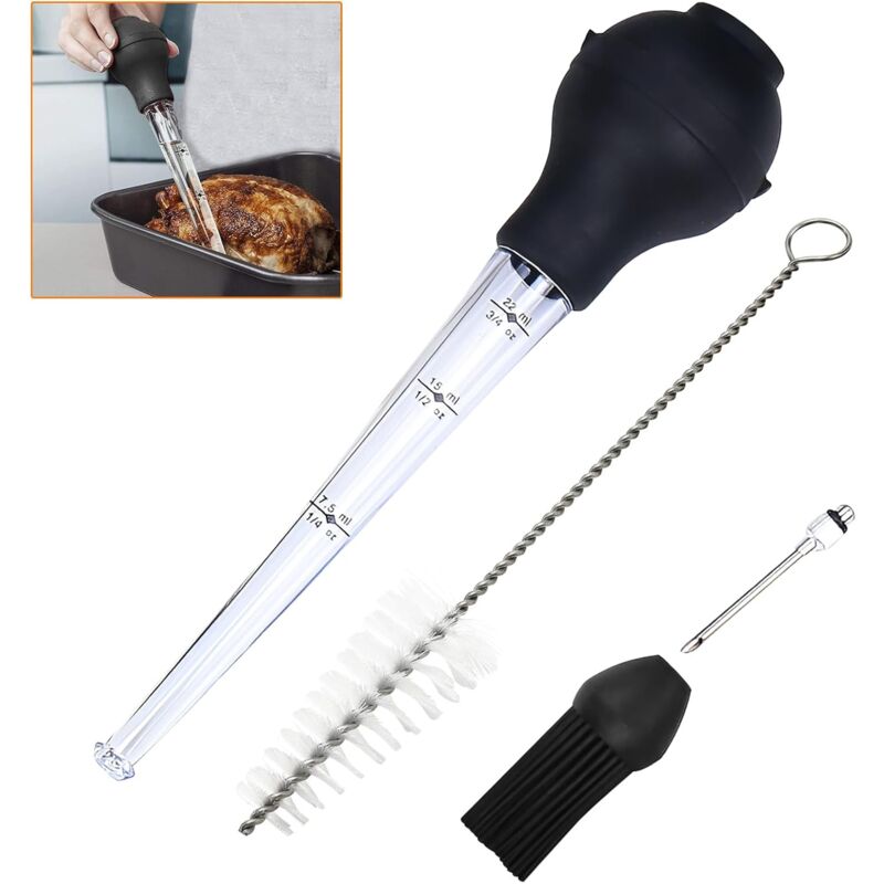 foto del prodotto siringa per carne, siringa per salsa bbq di pollo e tacchino con spazzola per la pulizia, spazzola in silicone e ago iniettore, pipetta per bbq,