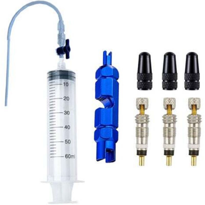 foto del prodotto siringa sigillante per pneumatici tubeless, 60 ml, con strumento per la rimozione del nucleo della valvola per mtb e bici da corsa.