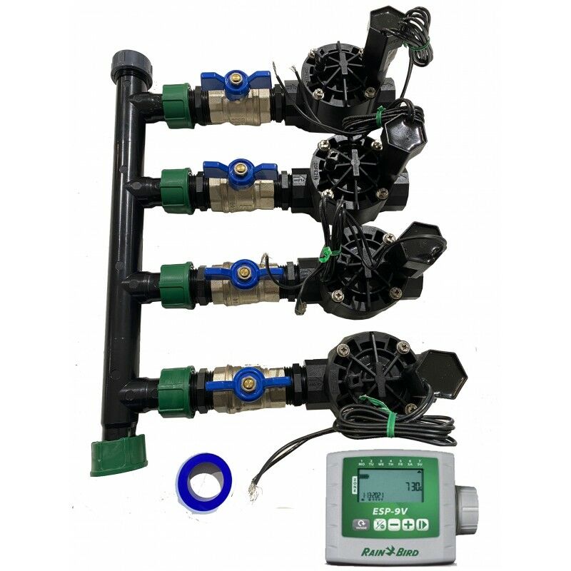foto del prodotto sistema di irrigazione automatica a 4 zone con programmatore esp 9v elettrovalvole rain bird hv 1 9v
