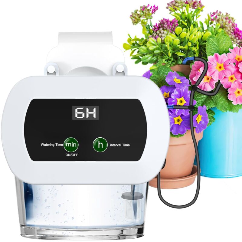 foto del prodotto sistema di irrigazione automatico, display lcd, kit di irrigazione a goccia con 30 tempi di irrigazione e 10 intervalli di irrigazione, sistema di