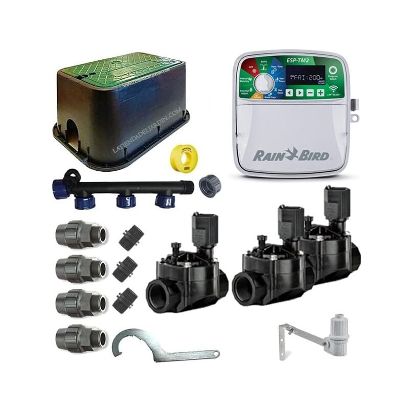 foto del prodotto sistema di irrigazione automatico rain bird a 3 zones da 24v per tubi da 32 mm, sistema di irrigazione automatico.