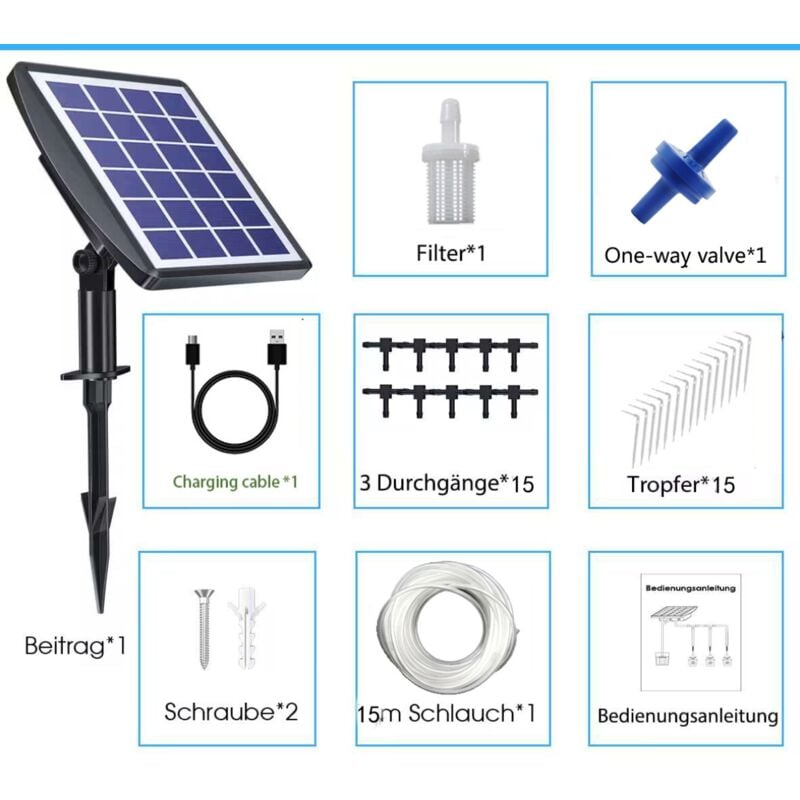foto del prodotto sistema di kit di irrigazione a goccia automatico solare, dispositivo di autoirrigazione fai da te, vasi supportati per piante