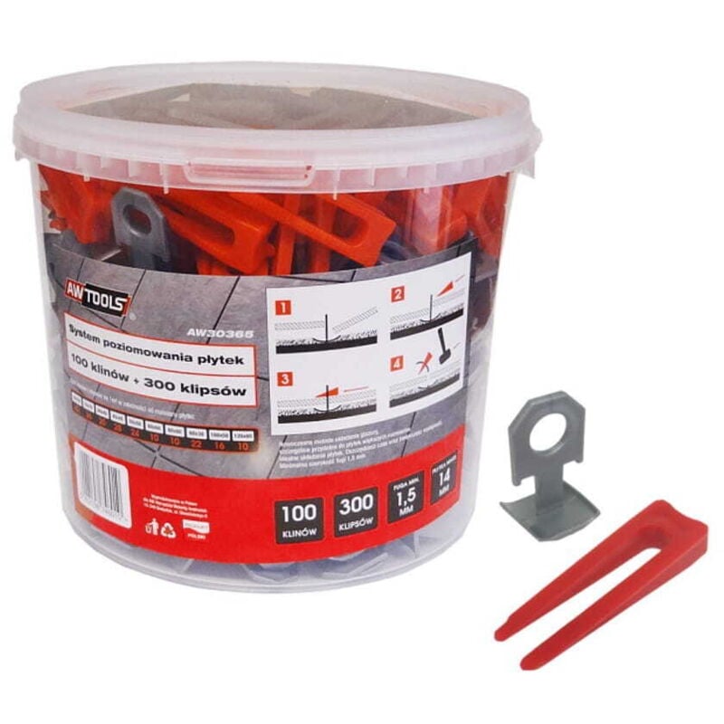 foto del prodotto sistema di livellamento per piastrelle awtools standard 1,5 mm - 7-15 mm - clip 300 pezzi + cuneo 100 pezzi