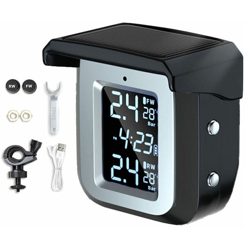 foto del prodotto sistema di monitoraggio della pressione dei pneumatici per motociclette solari rilevatore di pressione dei pneumatici wireless tpms impermeabile con