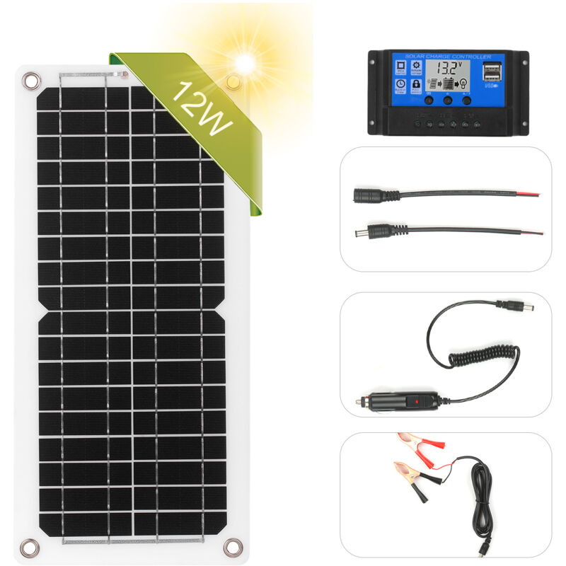 foto del prodotto sistema di pannelli solari fuori rete da 12 w e 12 v, kit di pannelli solari per la ricarica in campeggio, regolatore di carica solare da 100 a 