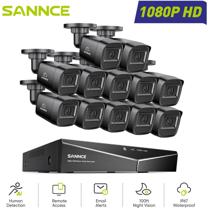 foto del prodotto sistema di sicurezza cablato esterni 1080p 16ch 12 telecamere accesso remoto visione notturna kit di videosorveglianza sannce