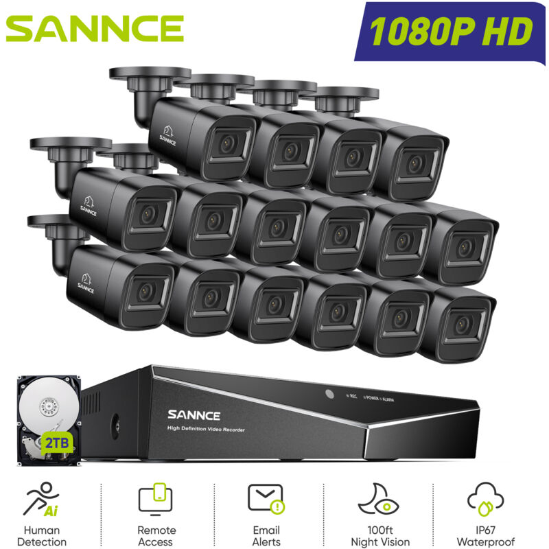foto del prodotto sistema di sicurezza cablato esterni 1080p 16ch 16 telecamere accesso remoto visione notturna kit di videosorveglianza,2tb hdd sannce