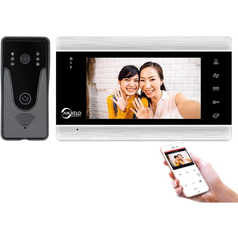 foto del prodotto sistema di videocitofono, videocamera wifi con monitor da 7 pollici 1080p, videocamera con campanello cablata, supporto sblocco remoto, rilevamento