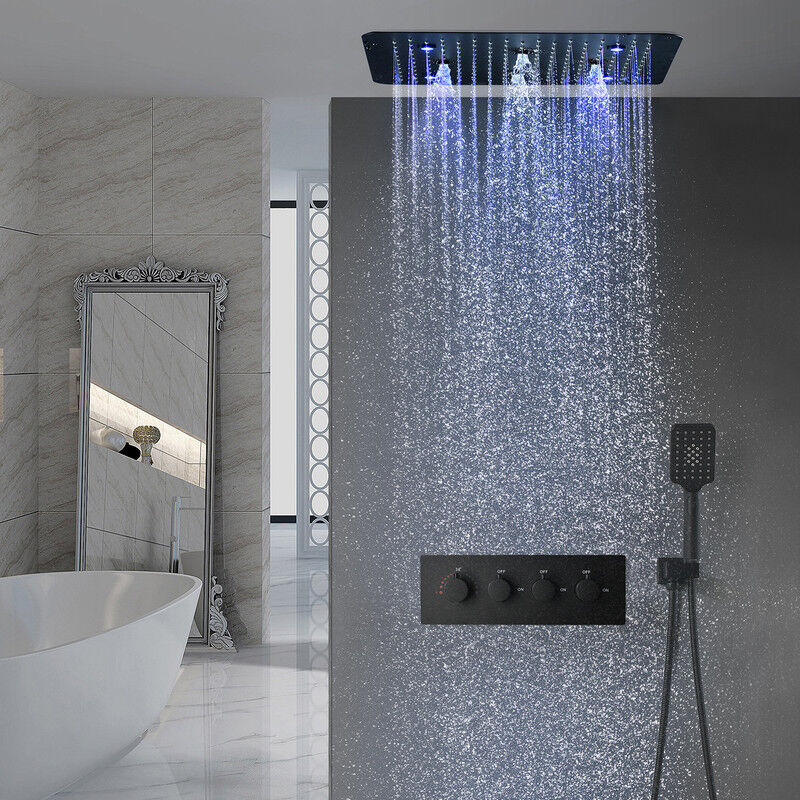 foto del prodotto sistema doccia termostatico, 500x500mm led 3 funzioni nero colonna doccia a incasso, pioggia, spray, doccetta, vari cambi di luce, acciaio