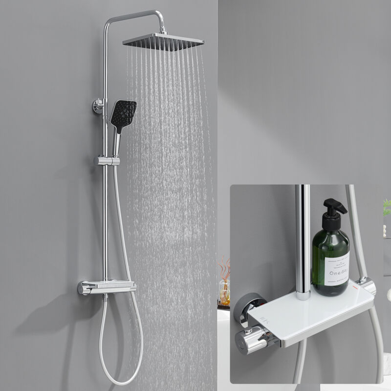 foto del prodotto sistema doccia termostatico, soffione doccia in acciaio inox con doccetta a 3 funzioni, soffione e mensola per bagno, cromato