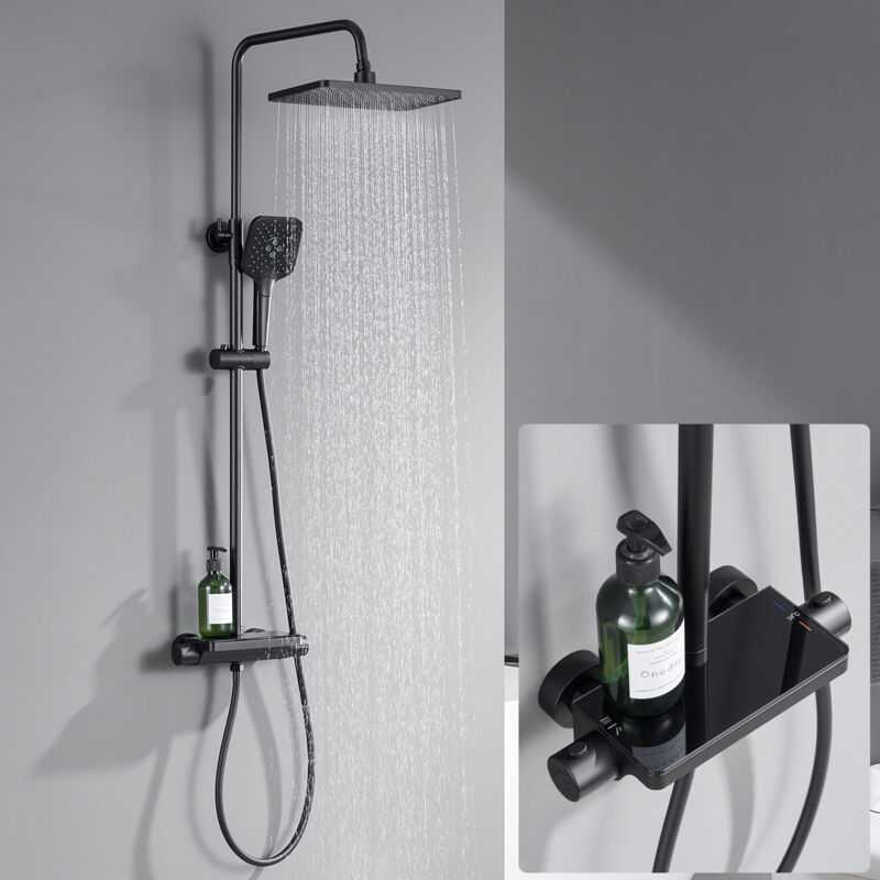 foto del prodotto sistema doccia termostatico, soffione doccia in acciaio inox con doccetta a 3 funzioni, soffione e mensola per bagno, nero