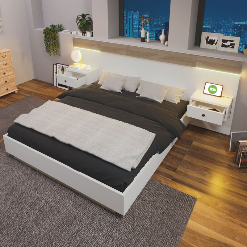foto del prodotto sistema letto matrimoniale con 2 comodini led e presa usb c letto in legno 180 x 200 cm con 2 comodini camera da letto completa 205x284x90,5 cm