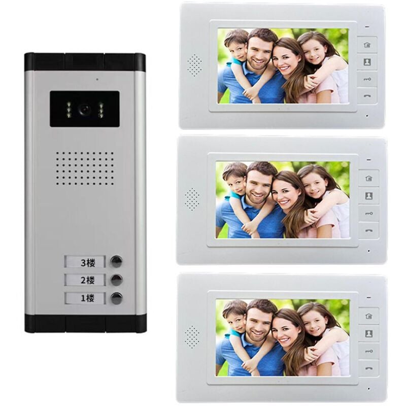 foto del prodotto sistema videocitofonico a colori cablato da 7 con telecamera a infrarossi per visione notturna, monitor interni per 2 3 appartamenti 3 monitor 