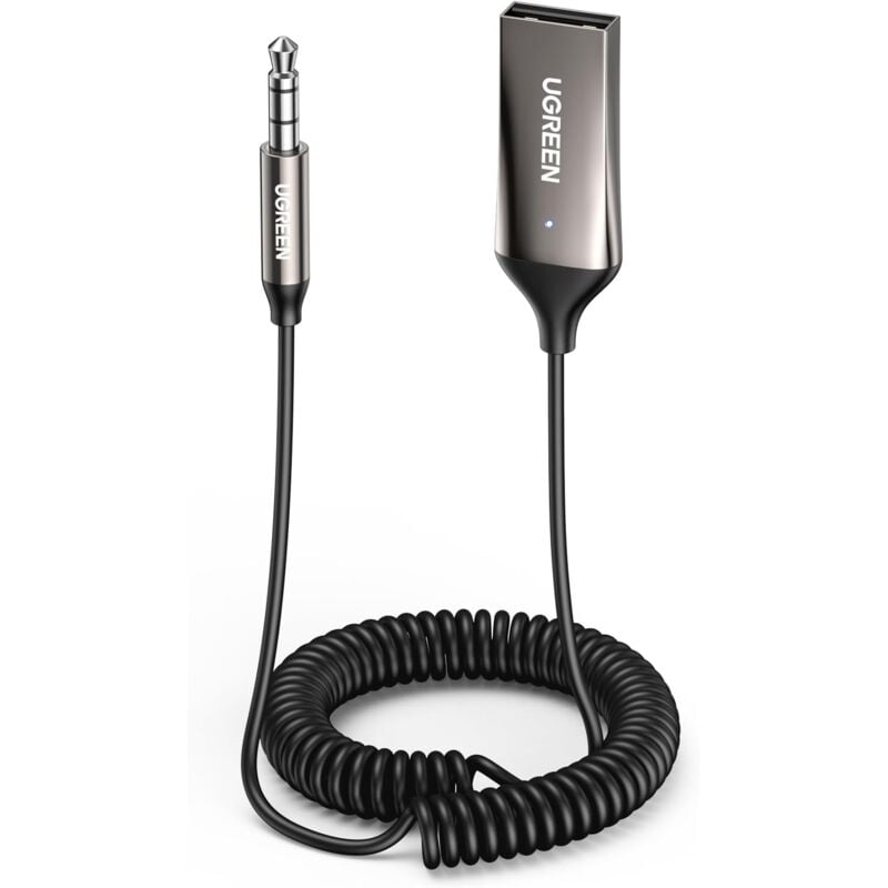 foto del prodotto sjqka adattatore bluetooth 5.3 jack per auto, ricevitore aux da 3,5 mm e usb per amplificatore altoparlante autoradio, chiamate in vivavoce grigio